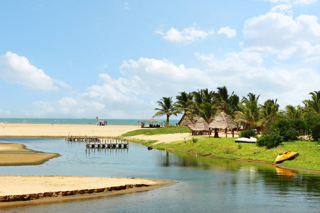 View of the shore from backwater boat ride to Paradise Beach, Pondicherry, India. Golden sands, Cocount palms and  rattan shaded areas